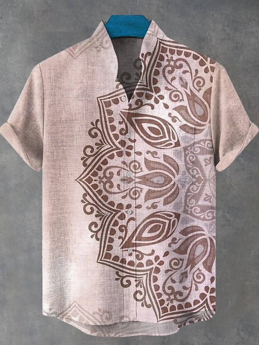 Retro African Tribal Totem รูปแบบการพิมพ์ผู้ชายใหม่ผ้าลินินสบายผ้าเสื้อแขนสั้น Casual Street Trend Fast Deli