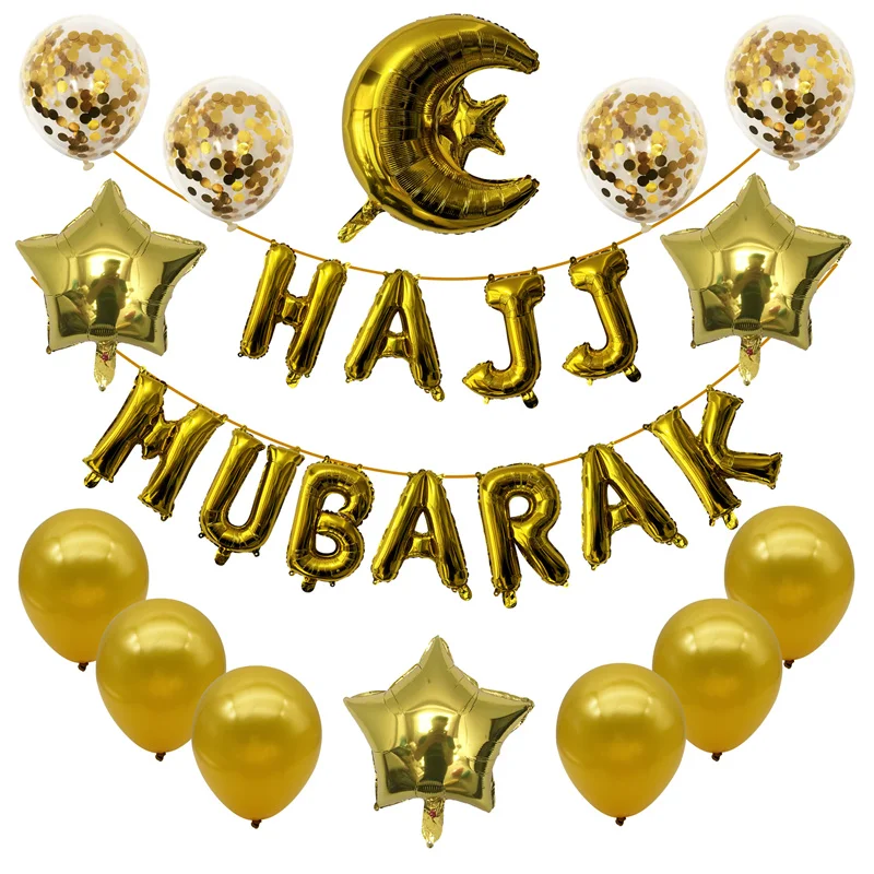 

Hajj Mubarak Balloons Set Gold Star Moon Foil Balloon Banner Confetti Latex Balloons for Eid Al Adha Hajj Mubarak Party Decor