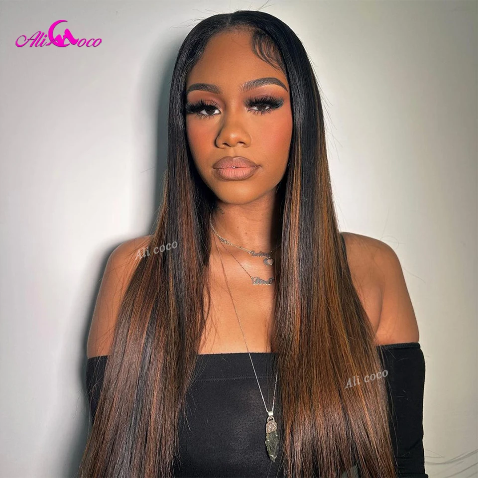 Perruque Lace Frontal Wig brésilienne naturelle, cheveux lisses, brun, reflets, 5x5, 13x6, pour femmes