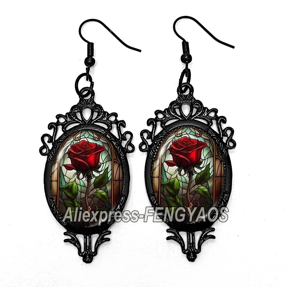 New Punk Red Rose Dangle Earring Flower Art Black Earrings Oval Glass Photo Jewelry Gifts for Halloween