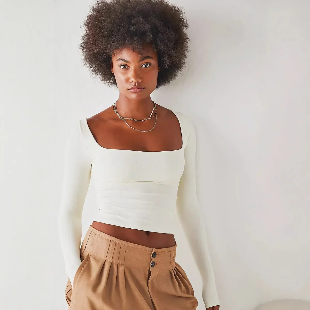 Pop Autumn Winter Long Sleeve Short Pure Color Square Collar T-Shirt Women's Base Layer Top Ins New Style Belly Baring Bottoming