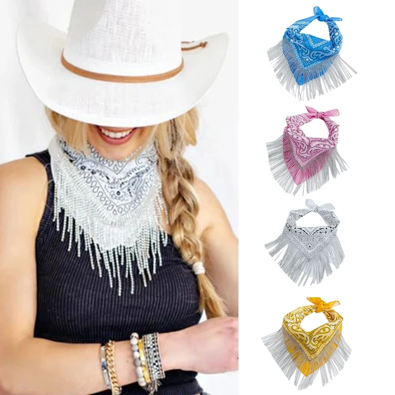 55x55cm Exquisite Versatile Turban for rhinestone Bandana with Silver Fringe Headscarf Embellished Bandana Dropshipping