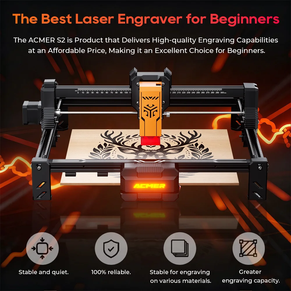 ACMER S2 Laser Engraver 12W 7W 4W Working Area 300*300mm Laser Engraving CNC Cutting Machine For Engravable Wood Lacquered Metal Christmas Valentine's Day Gifts Business Street Vending