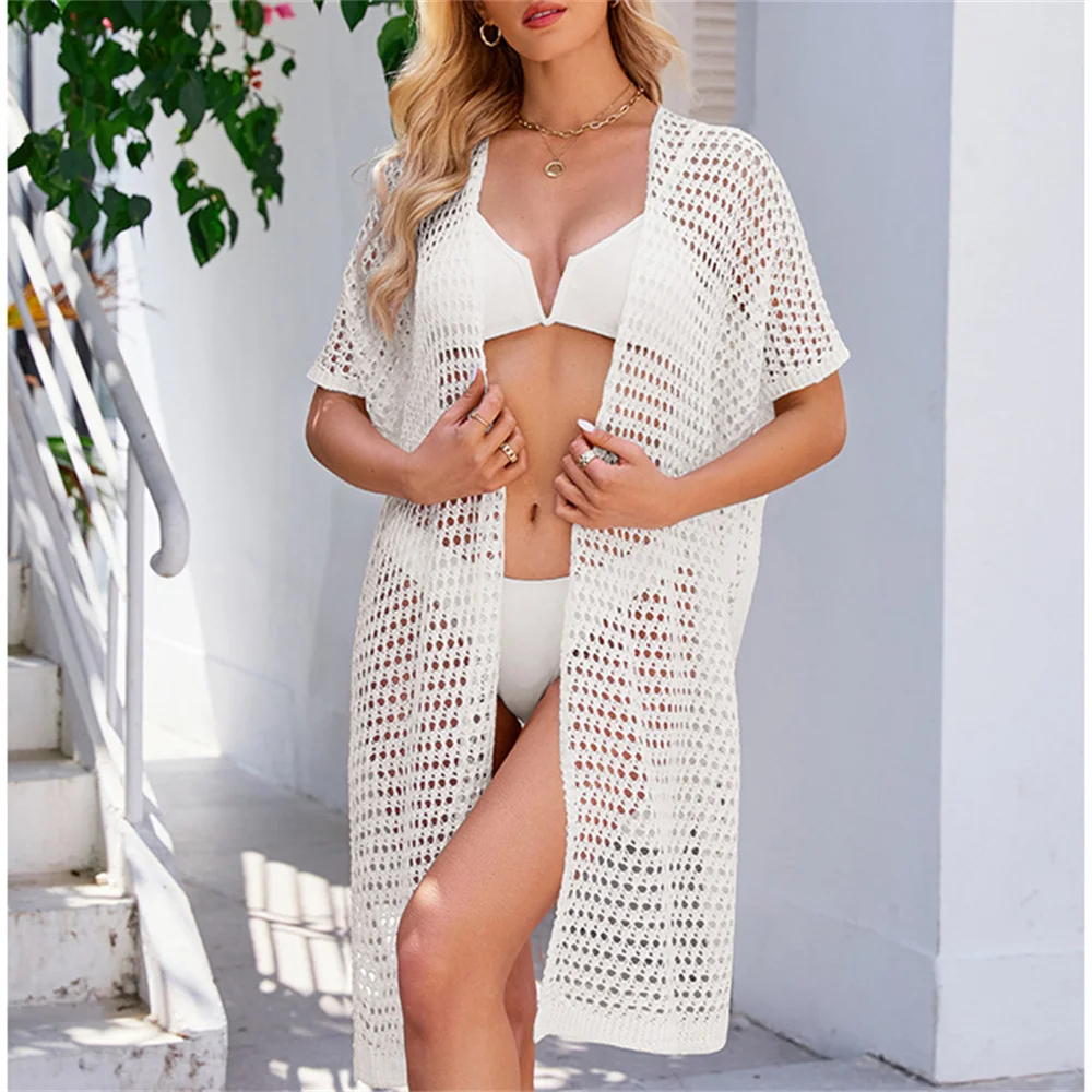 Hollow Out Knitted Cardigan Mesh See Through Cover-ups Belt Lace Up Women Short Sleeve Top Loose Knitwears Beach Outfit Swimwear