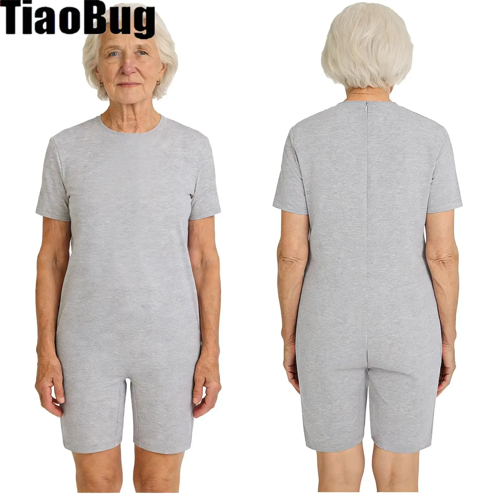

Adults Unisex Anti-strip Adaptive Jumpsuit Crew Neck Short Bottom Back Zipper Rompers for Elderly Special Needs Patients