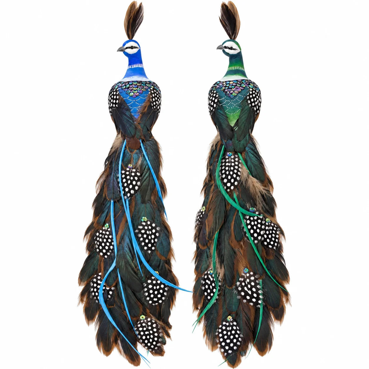 2PCS Feather Peacock Ornaments, Blue and Green Decorative Birds, 15.75 Inch Large Peacock Decorations for Christmas Home Decor