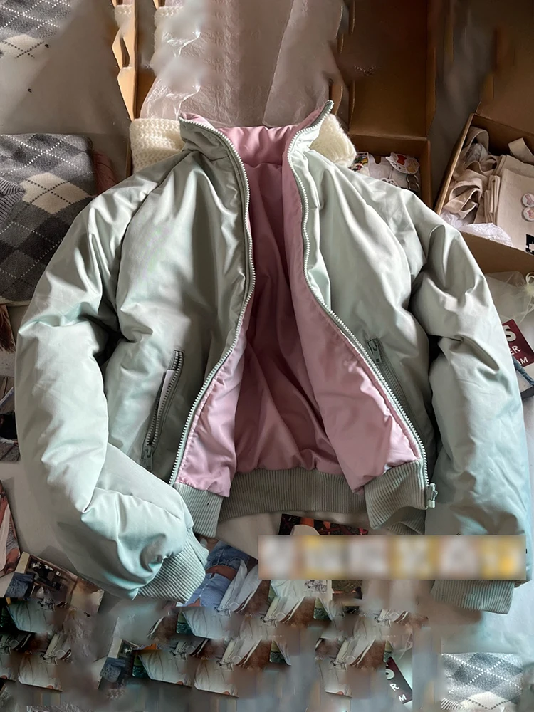 Veste Réversible en Coton pour Femme, Vintage, Chaud, Col Montant, Manches sulf, Fermeture Éclair, Décontractée, Couleur Unie, Vestes Courtes de Rue, Hiver