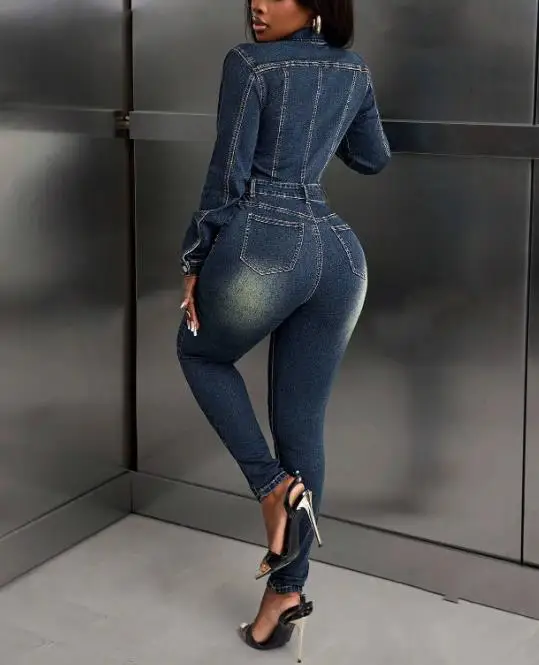 จั๊มสูทเดนิมทรงเข้ารูปเอวสูงสไตล์เรโทรแฟชั่นฤดูใบไม้ร่วง ติดกระดุมหน้า ปกเสื้อแบบปกเชิ้ต สำหรับผู้หญิง จั๊มสูทเดนิมสุดฮิตสไตล์ไฮสตรีท