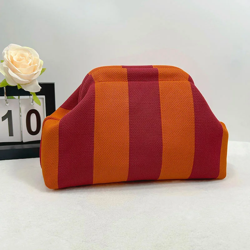 Women Striped Knit Clutch Bag, Fly Knit Cloud Shape Cosmetic Bag, Large Capacity Portable Versatile Handbag