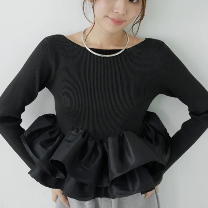 Chic Korean Style Women's Long Sleeve Knitted Top One Shoulder Ruffle Hem Elegant Business Casual Fashion Spring Autumn