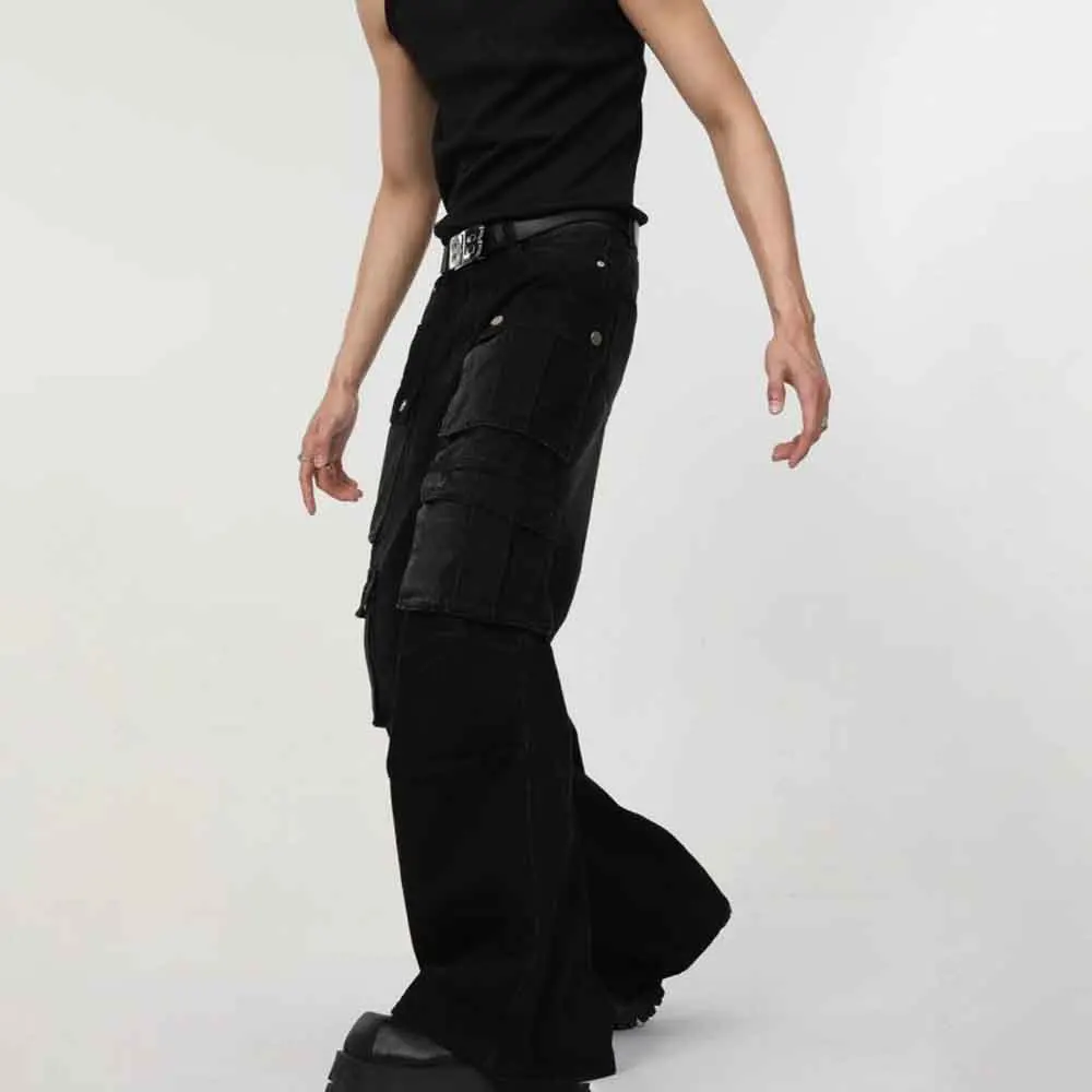 Outono novo masculino multi-bolso trabalho jeans americano retro moda tendência hip-hop rua solta casual nicho bottoms masculinos 2025