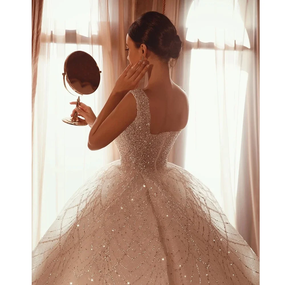 Luxury Sequins Beaded Wedding Dresses Fashion Square Collar Draped Lace Ball Gowns Elegant Exquisite Chapel Train Bride Dresses