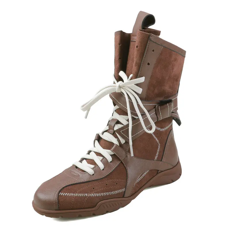 

2025 женские спортивные ботинки из натуральной кожи, ботинки до середины икры на платформе со шнуровкой, осенняя уличная обувь