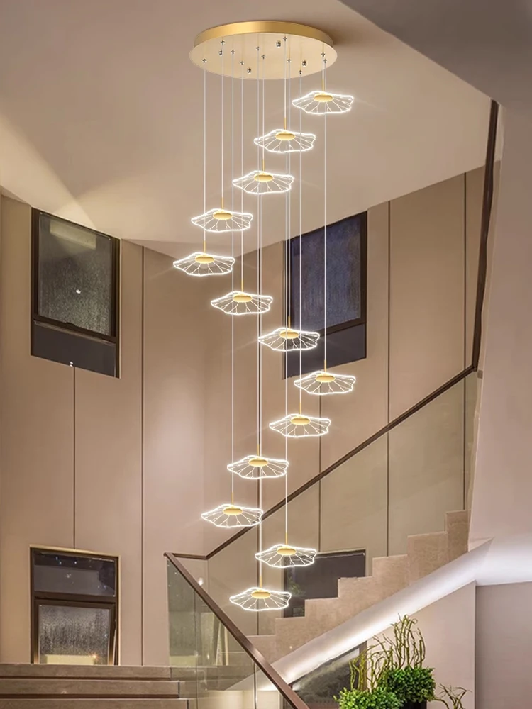 Rotating Staircase Lotus Leaf LED Chandelier Creative Loft Apartment Light Luxury Duplex Restaurant Villa Living Room Chandelier