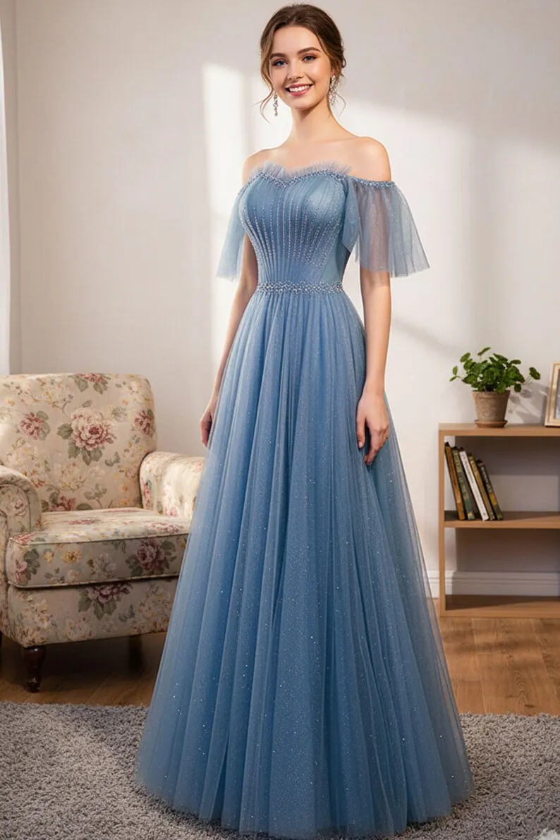 Blaues schulterfreies Ballkleid, Abendkleider, Cocktailkleid, Weihnachtskleider, formelles Ballkleid, Prinzessinnenkleid, Tüll-Ballkleider