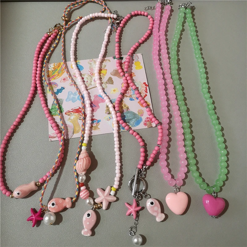 Trendy Harajuku Nette Rosa Keramik Fisch Seestern Anhänger Perlen Halsband Halskette Für Frauen Mädchen Y2K Charme Zubehör Schmuck Geschenk