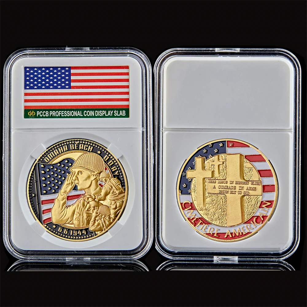 WWII 1944.6.6 Omaha Beach Land Cimetiere Gold Challenge World Coins Collection W/ Capsule Protection