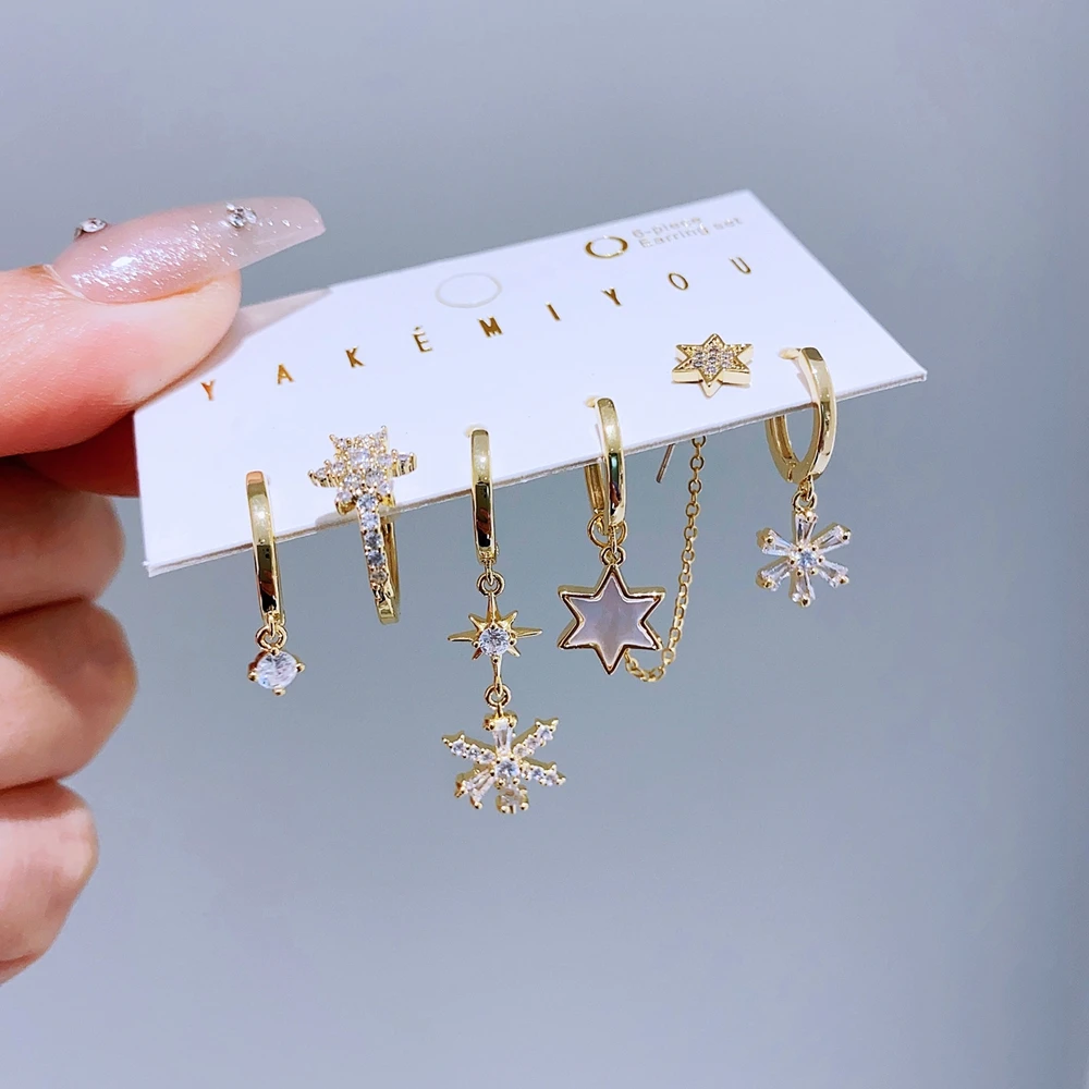 6pcs/set Cubic Zircon Star Snowflake Huggie Earrings Gold Color Women Ear Stack Christmas Gift Jewelry