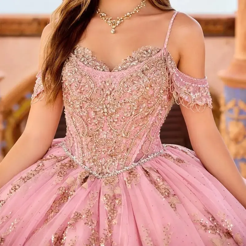 Lorencia Rose Pink Quinceanera Dress Spaghetti Applique Crystal Beads corsetto Ball Gown Sweet 16 Dress Vestidos De XV Anos YQD394