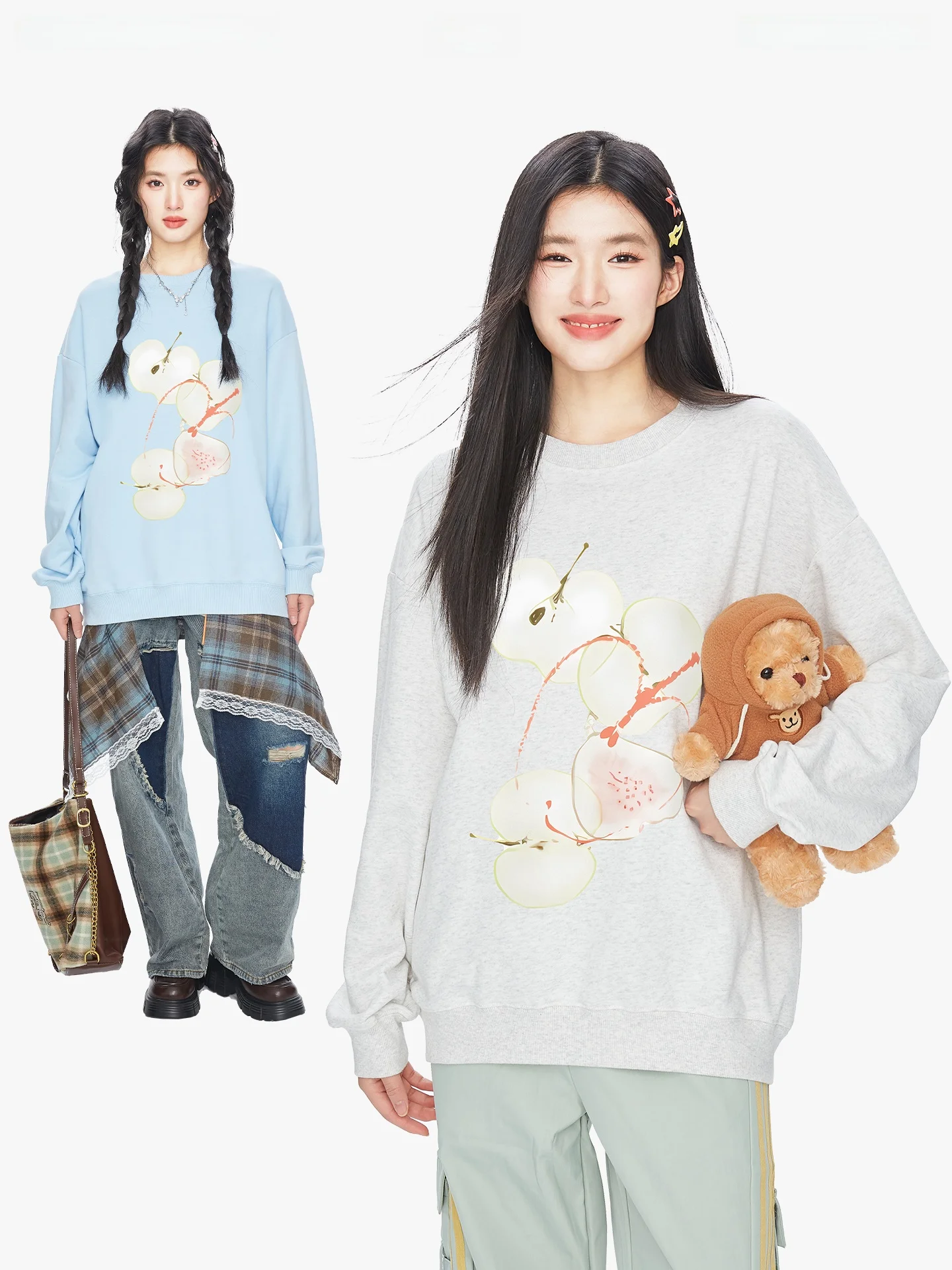 프리덤 한국 스타일 라운드넥 애플 프린트 스웨트셔츠 여성 캐주얼 유니크 탑 코튼 폴리에스터 혼방 긴팔 후드티