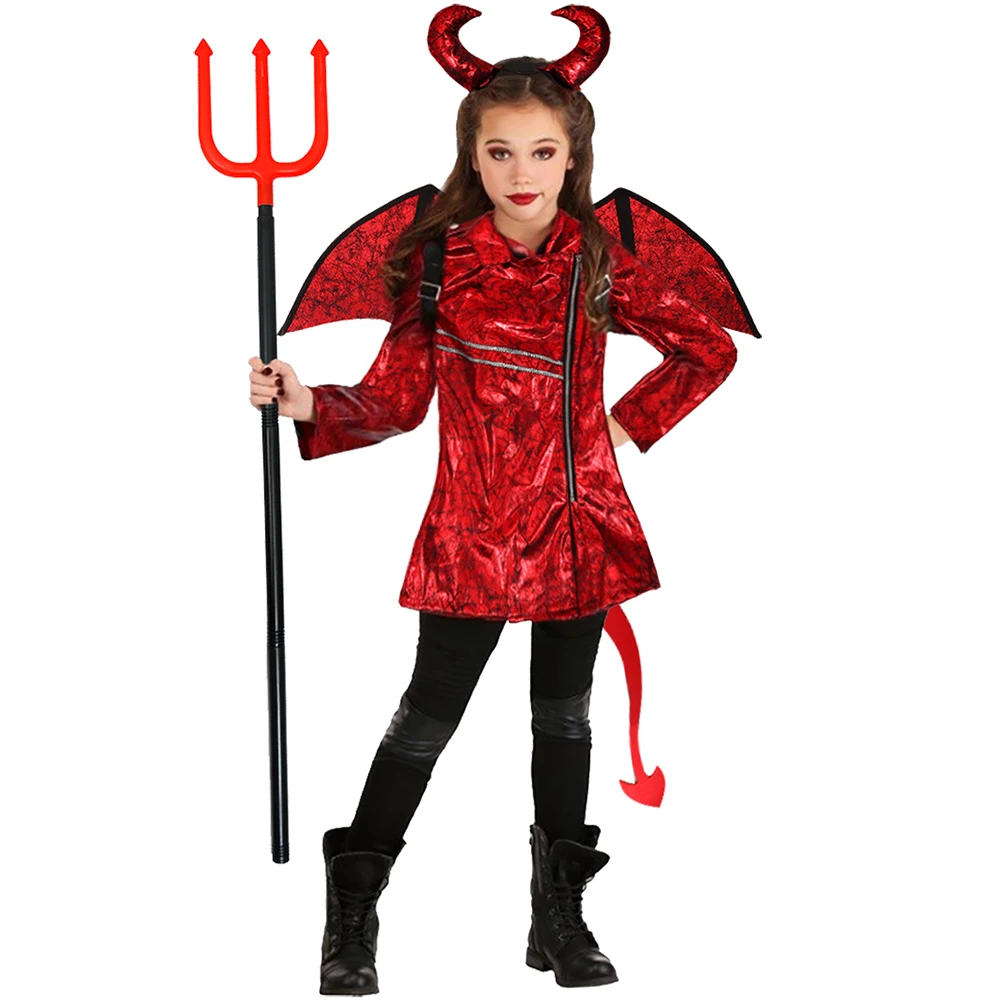 Umorden Kids Child Gothic Punk Demon Devil Costume Boys Girls Satan Cosplay With Horn Fork Wings Scary Halloween Costumes