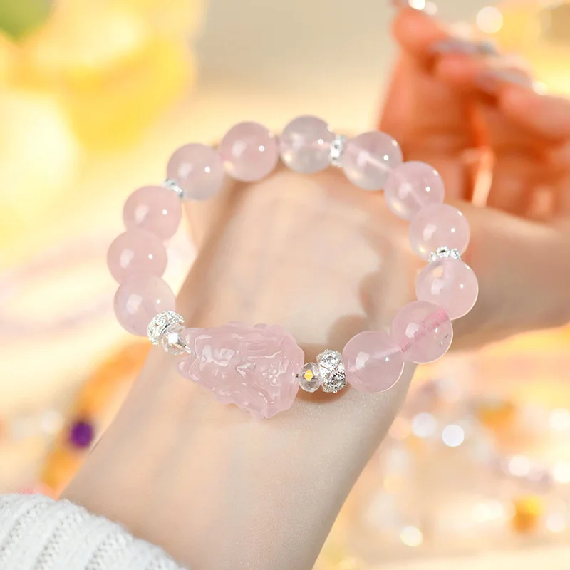 Natural Madagascar Rose Quartz Nine-Tailed Fox Bracelet Large Particle Pink Love Themed Bracelet for Women Customizable Gifts