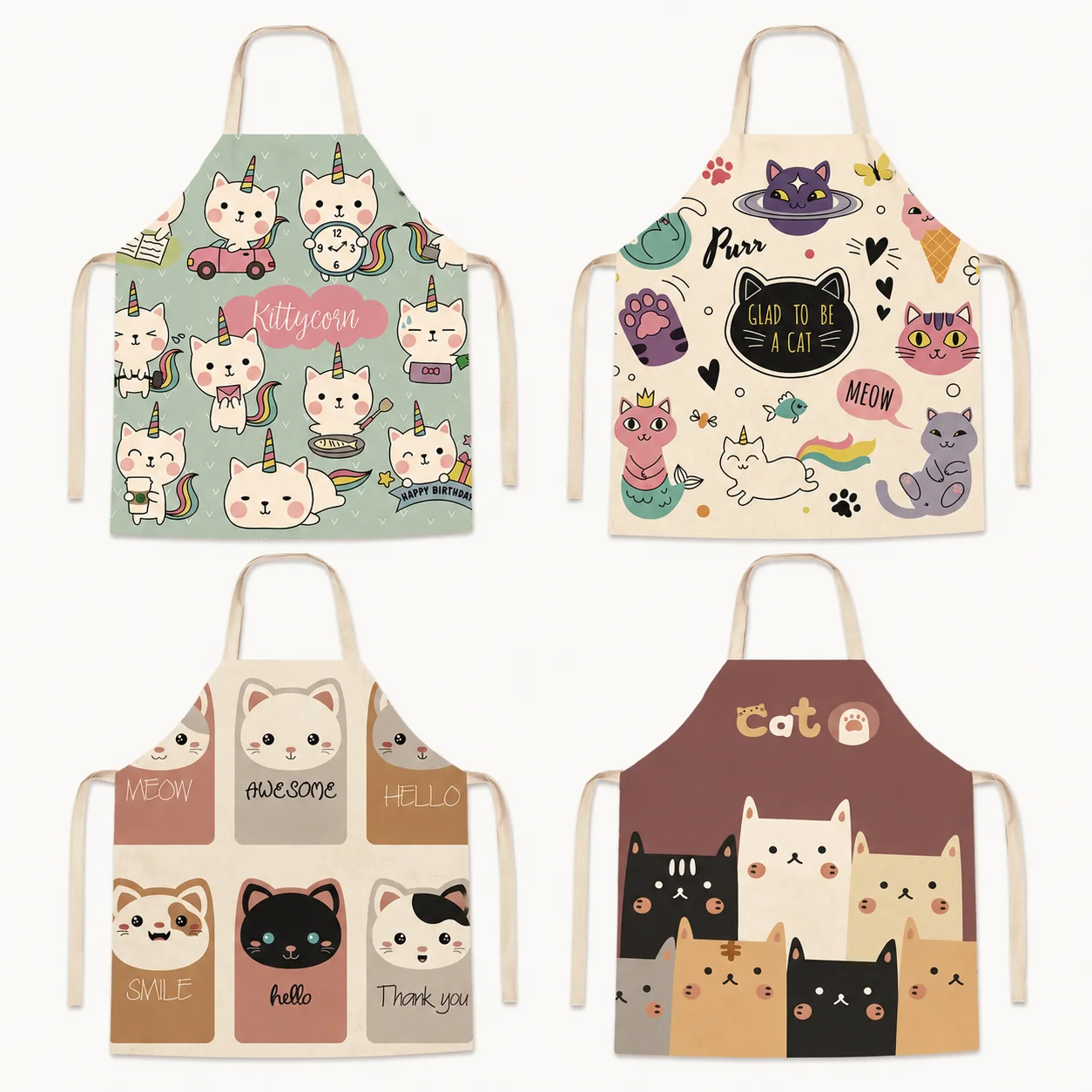 

Cute Cartoon Cat Kittycorn Linen Apron Sleeveless Kawaii Animal Print Kitchen Bib for Women Baking Home Cooking Cleaning Tool