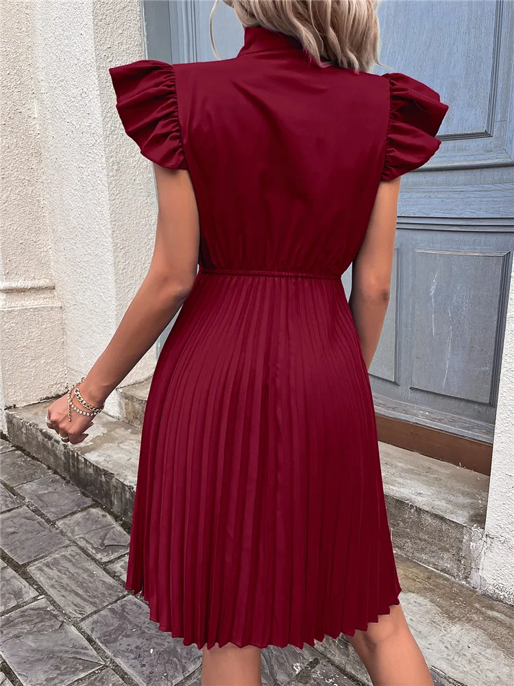 Msfilia Women Summer Elegant Bow Collar Pleated Dress Lace Up High Waist Large Fold Ladies Solid Color Dresses