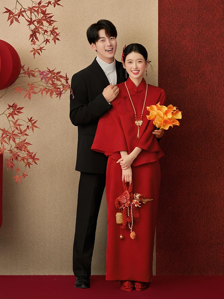 

Новое китайское свадебное платье-ципао с длинными рукавами, улучшенная версия, для невесты, для церемонии возвращения и тостов