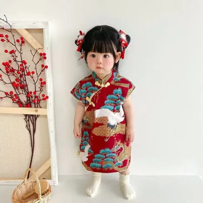 Cheongsam-Robe d'été en coton pour filles, style chinois, qipao, pour enfants, bébé, tout-petit, fan de dragon, imprimé, robes hanfu améliorées