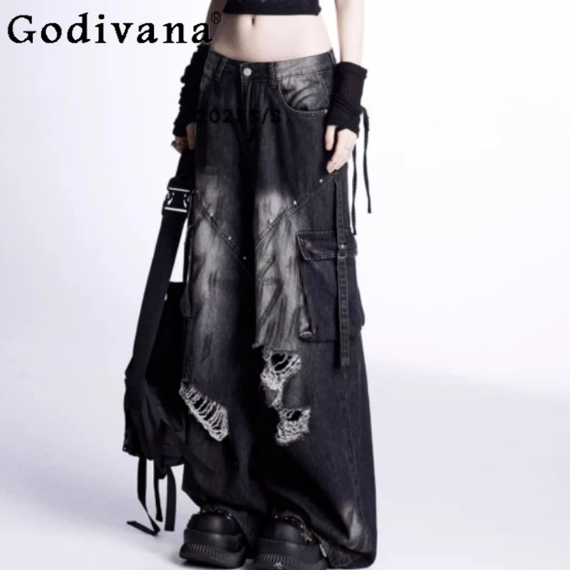 Women Autumn Retro Do Old Loose Black Ripped Jeans Fashion Versatile Age Reduction Personality Leisure Straight Wide-leg Pants