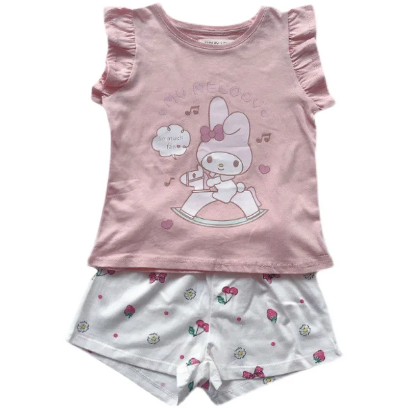 2Pcs Kawaii Sanrio Hello Kitty Kids Suit Summer My Melody Short Sleeve Pajamas Set Cute Cinnamoroll Clothing Children Nightgown