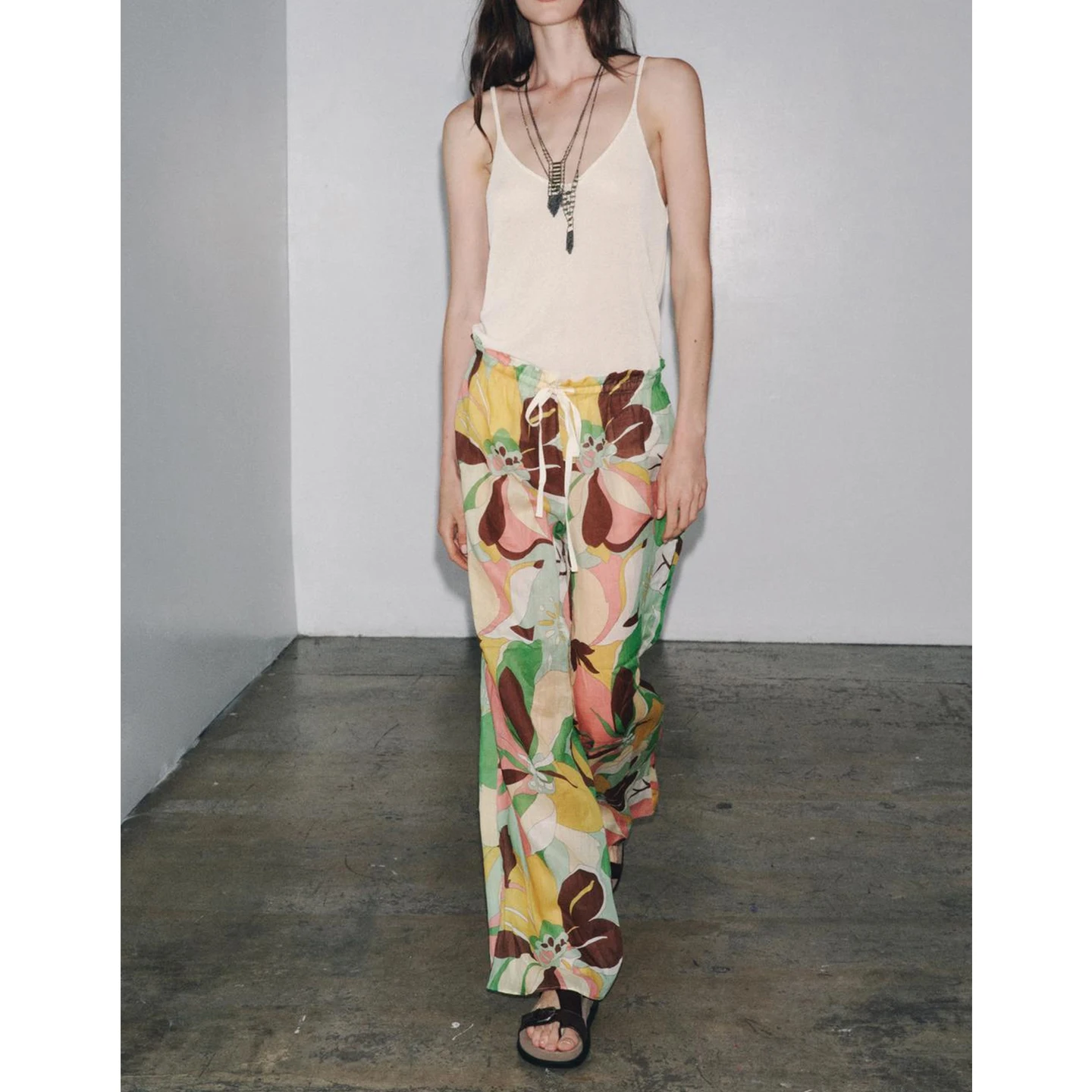 

Длинная блузка с воротником све с цветочным принтом и декоративными брюками с поясом, женский традиционный китайский топ из смешанного волокна