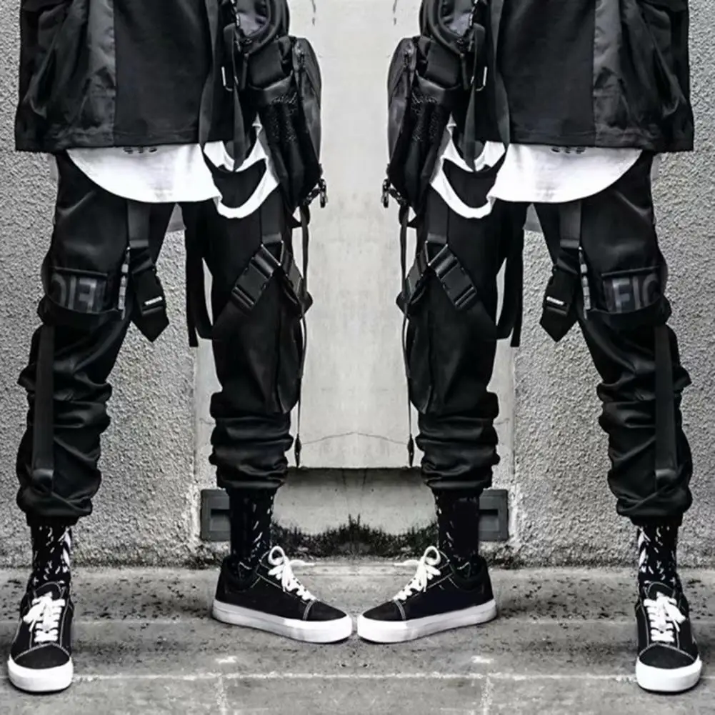 

Solid Color Men Pants Hip Hop Style Men's Cargo Pants Individual Straight Leg Strap Decor Solid Color Deep Crotch Loose