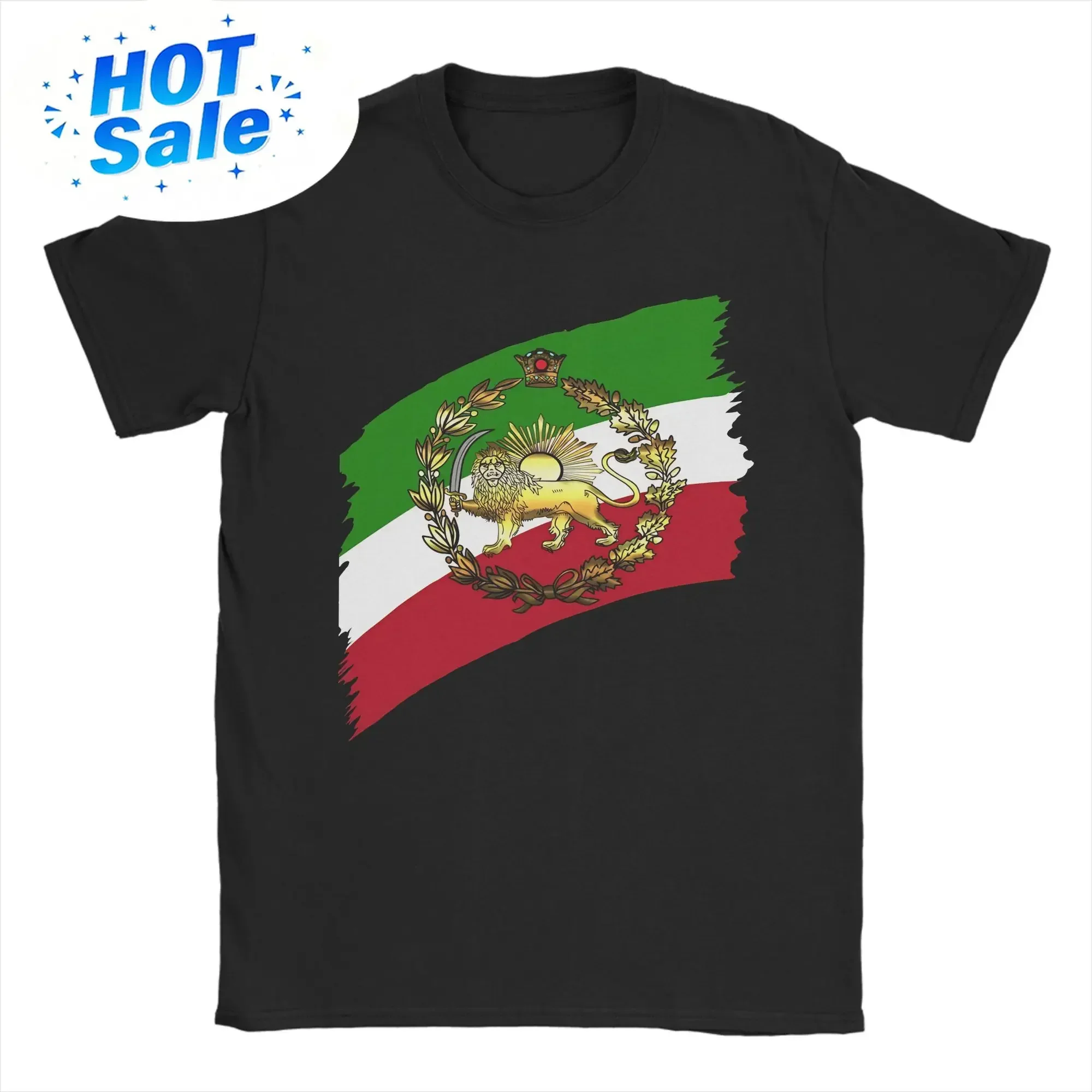 Iran Pahlavs flag with lion and crown Men T Shirts  Vintage Tee Shirt Short Sleeve O Neck T-Shirts Cotton 4XL 5XL 6XL Clothes
