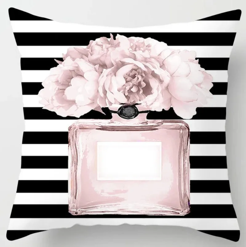 Brand Perfume Bottle Pillowcase Fashion Women Favor Cushion Home Decorative Peach Skin Velvet Perfume Sofa Pillow Cover