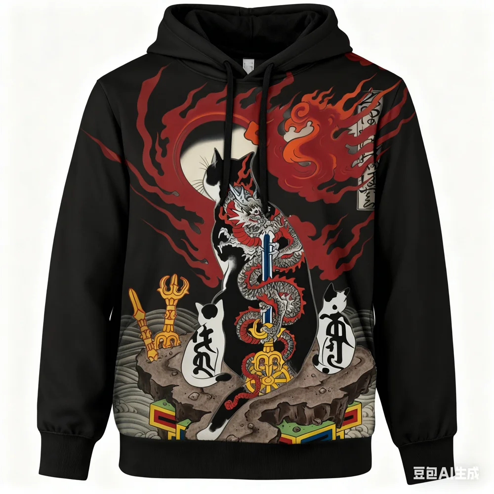 

Funny Samurai Cat Printed Hoodies For Men Autumn and Winter New in Sweatshirts Fashion Loose Pullover Street Hip Hop y2k Clothes