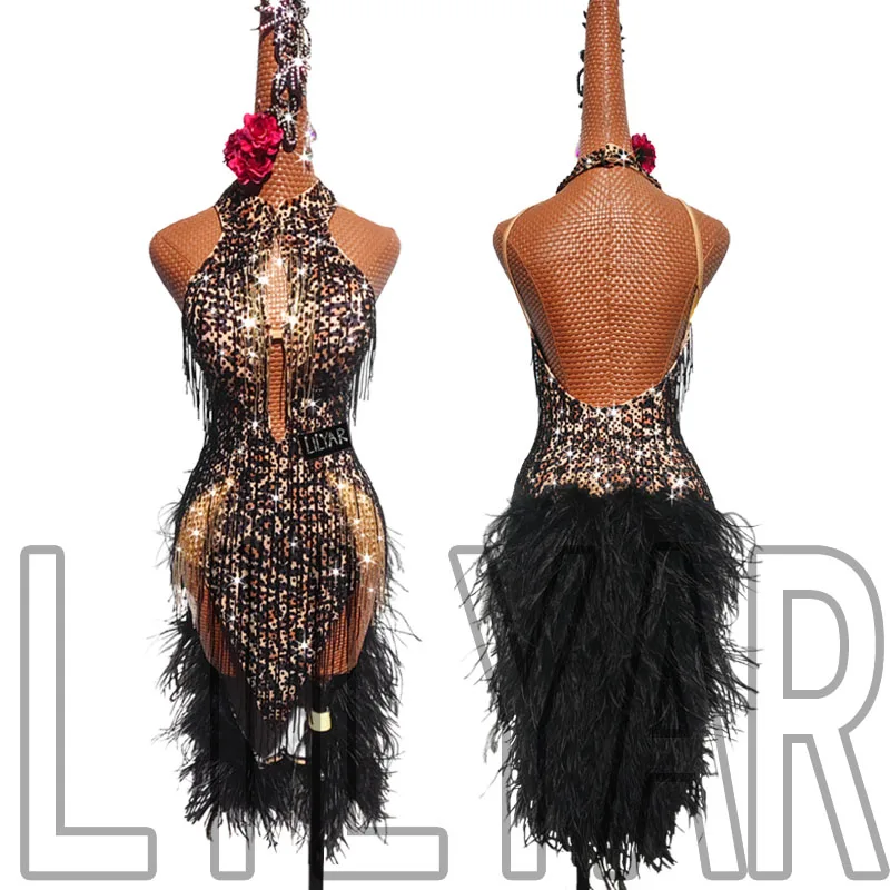 New Latin Dance Performance Competition Performance Clothing Leopard Print Black Feather High-Grade Glitter Diamond Dance Skirt