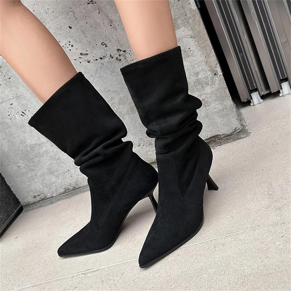 FEDONAS High Quality Women Pointed Toe Mid-calf Boots Warm Autumn Winter Knight Boots Thin High Heels Party Dance Shoes Pumps