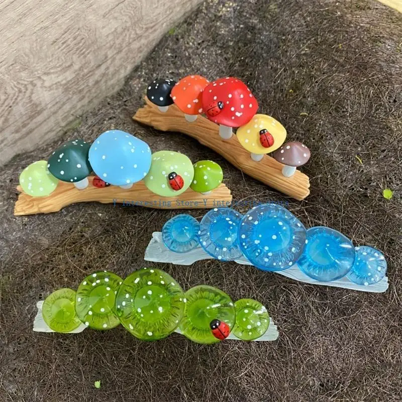 

896A Colorful Mushrooms on Tree Stump Resins Miniature Figurine Collectible Ornament for Home Desktop and Landscape Decors