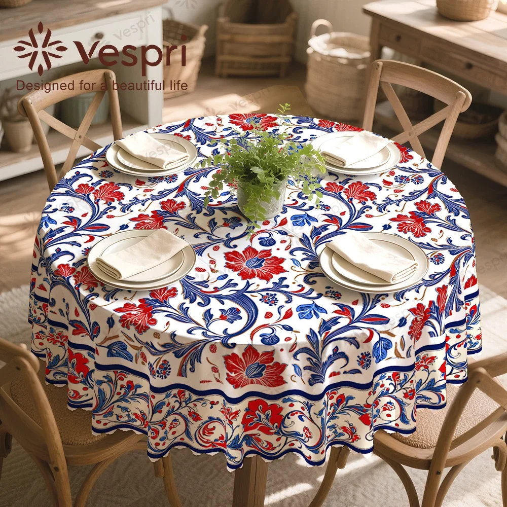 Vespri ethnic tablecloth, with white and red decorations, featuring patterns and green leaves, in a rural style.yzb