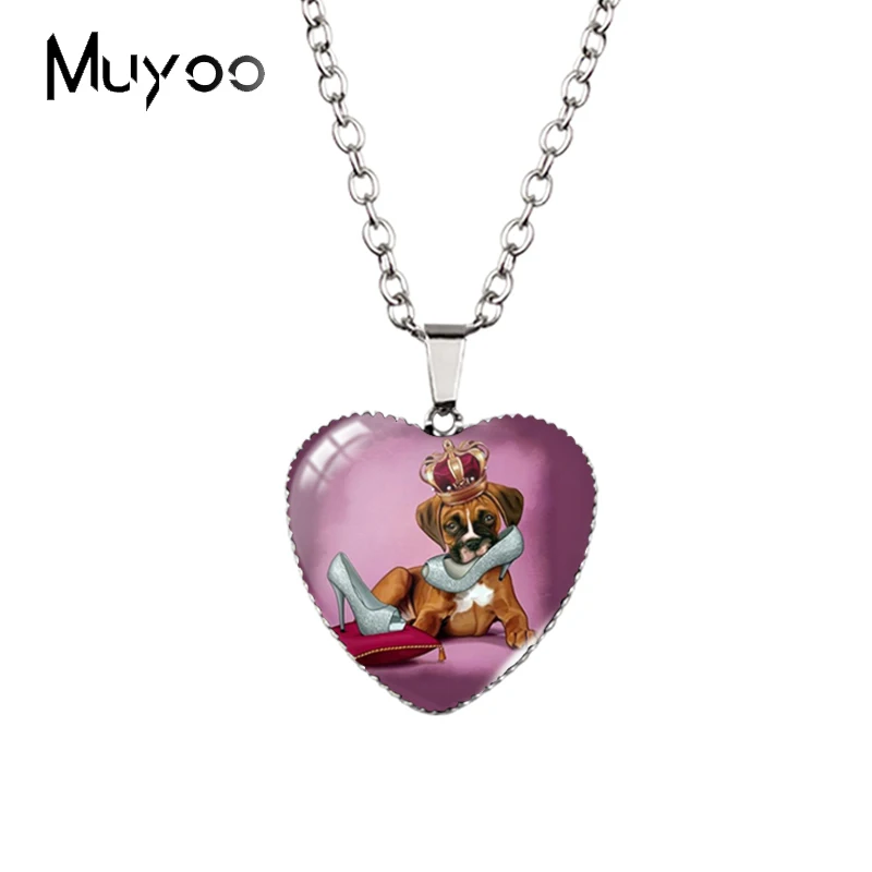 2023 New Arrival Cute Animal Bulldog Lovely Dog Puppy Handmade Glass Cabochon Heart Jewelry Necklace HZ3