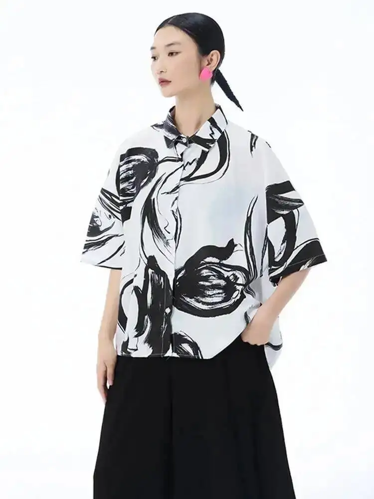

Women White Pattern Printed Big Size Casual Blouse New Lapel Short Sleeve Shirt Fashion Tide Spring Summer