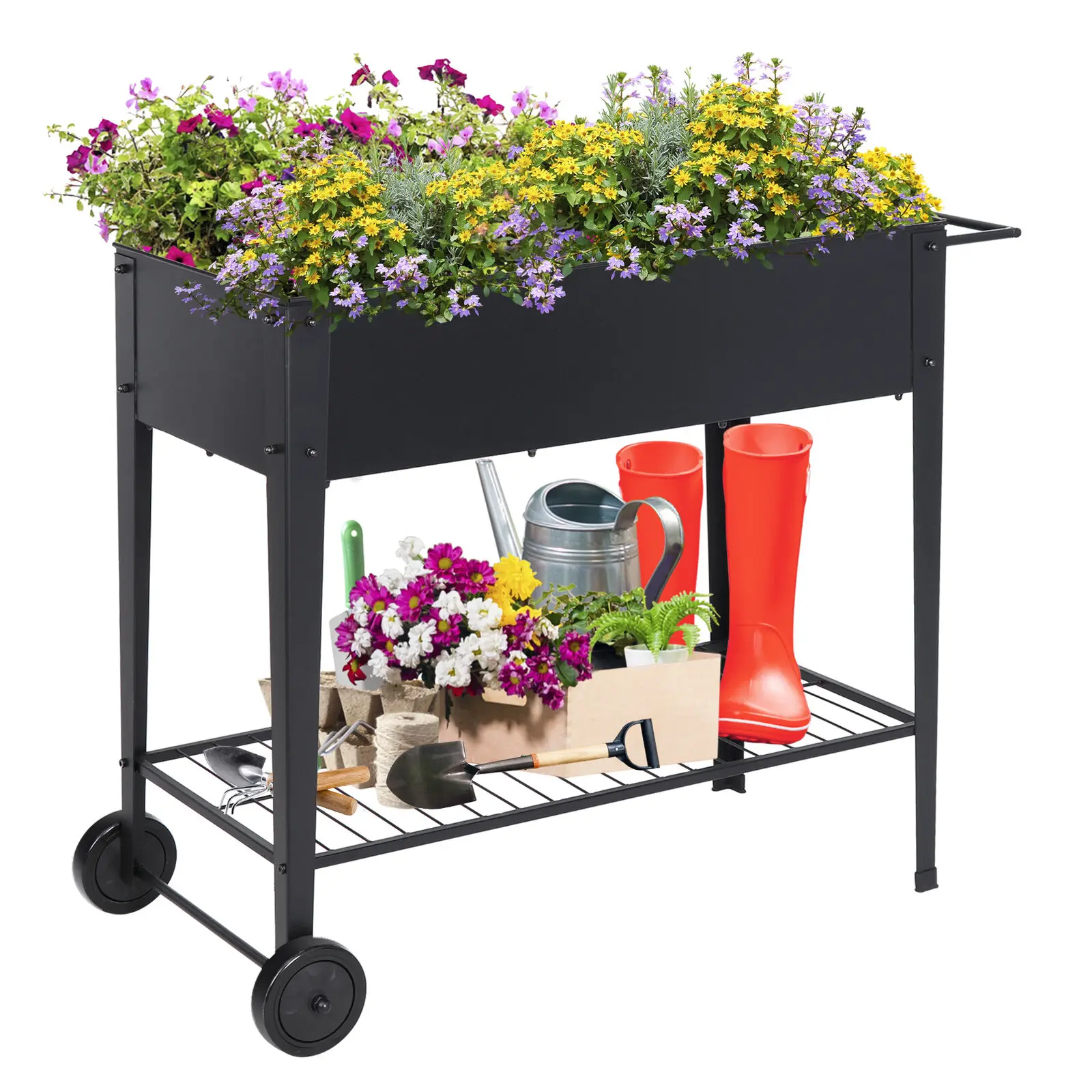 

Raised Garden Bed Planter Box Outdoor on Wheels for Flower Herbs with Shelf