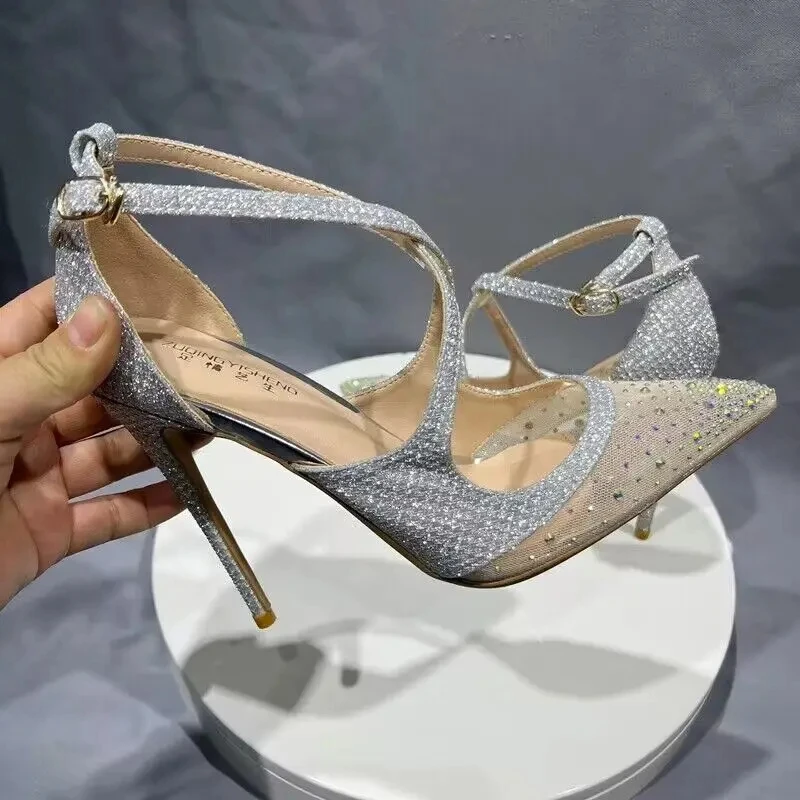 Heelgoo Glitter Rhinestones Decor Women Gauze Instep Cross Strap High Heel Shoes Summer Luxery Party Stiletto Pumps for Ladies