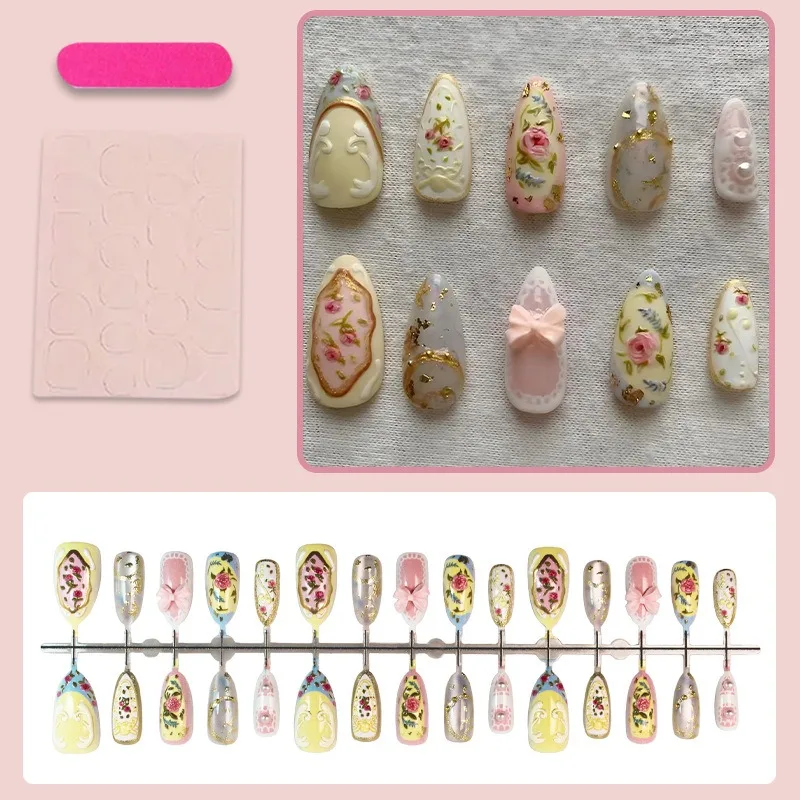 24 Stück 3D Geprägte Rosa Schleife Mandel-Press-on-Nägel Süßer Blumen-Perlen-Ölgemälde-Stil Französische Künstliche Nägel für Frauen Tragbar
