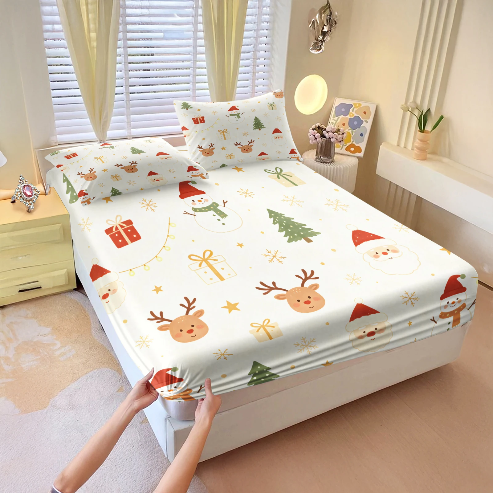 Fitted Bed Sheets Deep Pocket - Leuke Kerstlakenset met print van Kerstman,