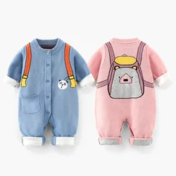 New Autumn Winter Baby Boys Jumpsuit Double Layer Thickening Newborn Boys Onesies Cartoon Bag Lace-ups Cotton Infant Boy Romper