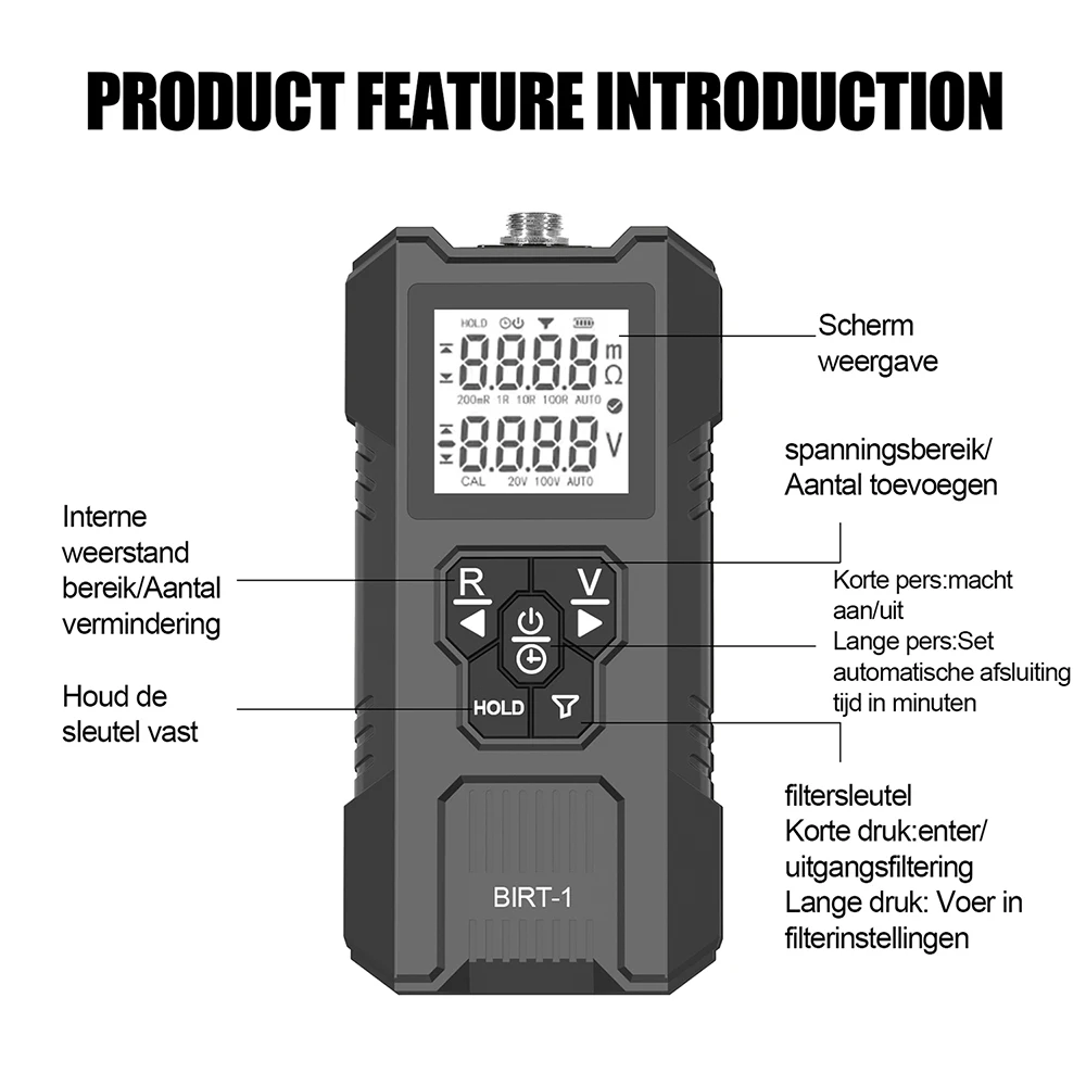 BIRT-1 Battery Internal Resistance Tester, 0–100 V, 0–200 Ω Universal Battery Internal Resistance Tester, Type-C Port