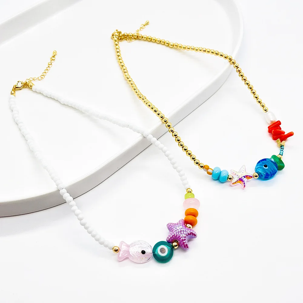ZGMXR Rice bead necklace Eyes Fish Starfish Bohemia Creativity Pattern Fashion Hand weaving Adjustable Woman Beaded necklace